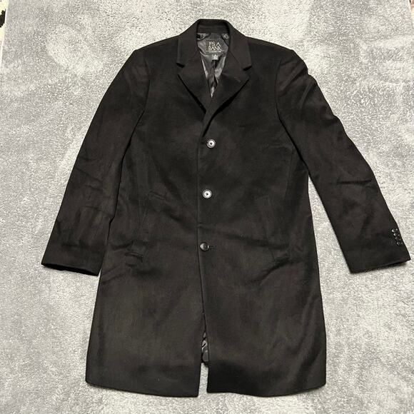 Jos A Bank Mens 38 Overcoat Topcoat Trench Coat Jacket Black 3 Button Wool Blend - Picture 1 of 11